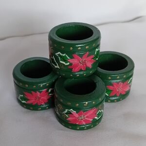 Vintage Handpainted Wood Napkin Rings with Poinsettia Design